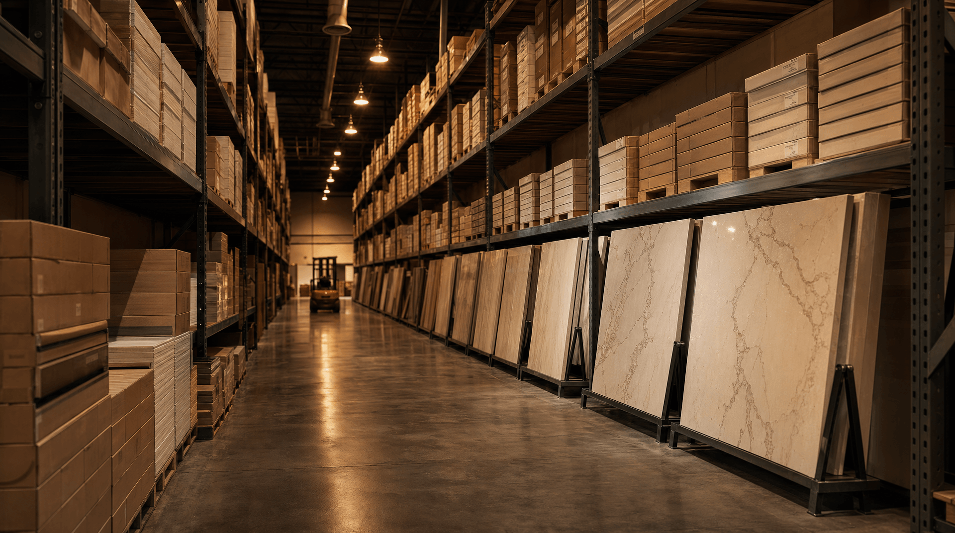 Cabinet wholesale warehouse interior, shot down the length of a wide aisle